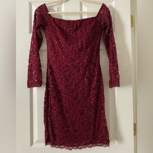 My Michelle Maroon Long Sleeve Off the Shoulder Lace Dress
